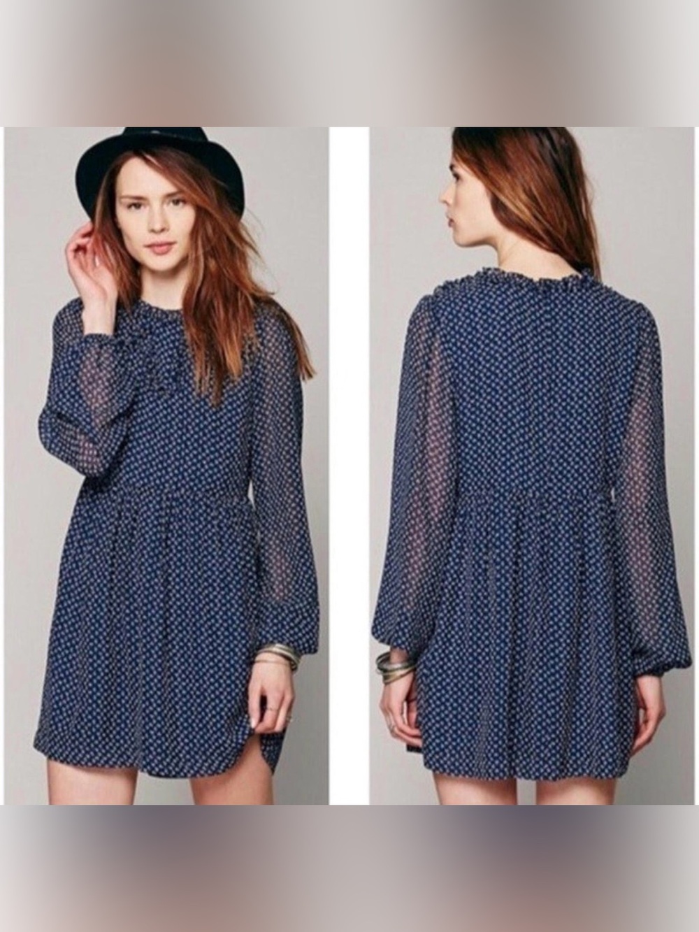 Free People Navy Blue Nouveau Butterfly Long-Sleeve Mini Dress